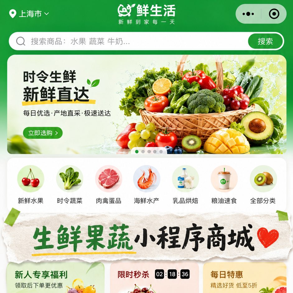 生鲜果蔬同城配送小程序商城定制开发｜社区生鲜电商解决方案，赋能商超菜场线上增收